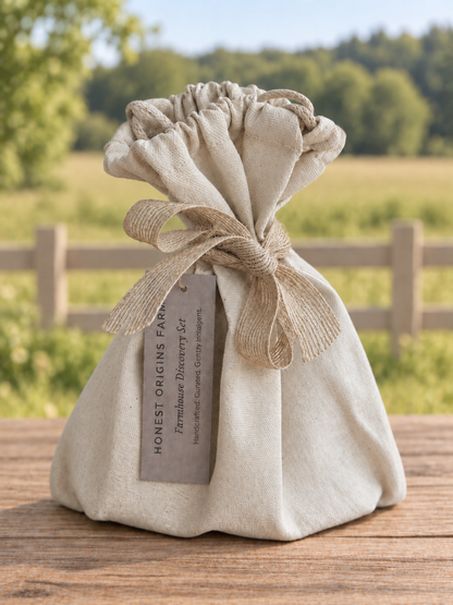 A small beige fabric drawstring pouch with a matching ribbon bow sits on a wooden table outdoors. A hanging tag reads 'HONEST ORIGINS FARM' and Farmhouse Discovery Set.