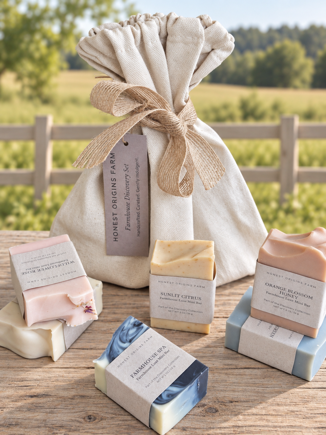 A gift set of artisanal soaps and a drawstring fabric bag from Honest Origins Farm, arranged on a rustic wooden table with a blurred outdoor farm background.