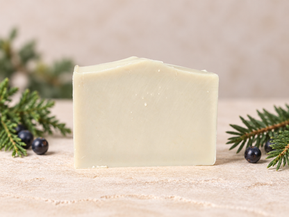 A rectangular bar of light green soap standing upright on a textured beige surface, framed by green pine branches and small juniper berries against a soft neutral background.