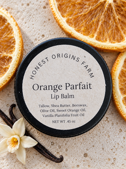 A round tin of Honest Origins Farm Orange Parfait Lip Balm, surrounded by dried orange slices, a vanilla bean, and a white vanilla blossom on a textured beige background.