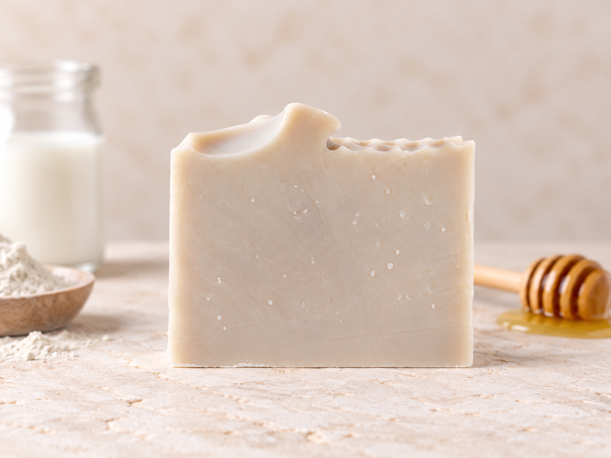 A rectangular bar of handmade soap with a textured top, standing on a light stone surface. The soap has a warm cream-beige color with small stearic spots.