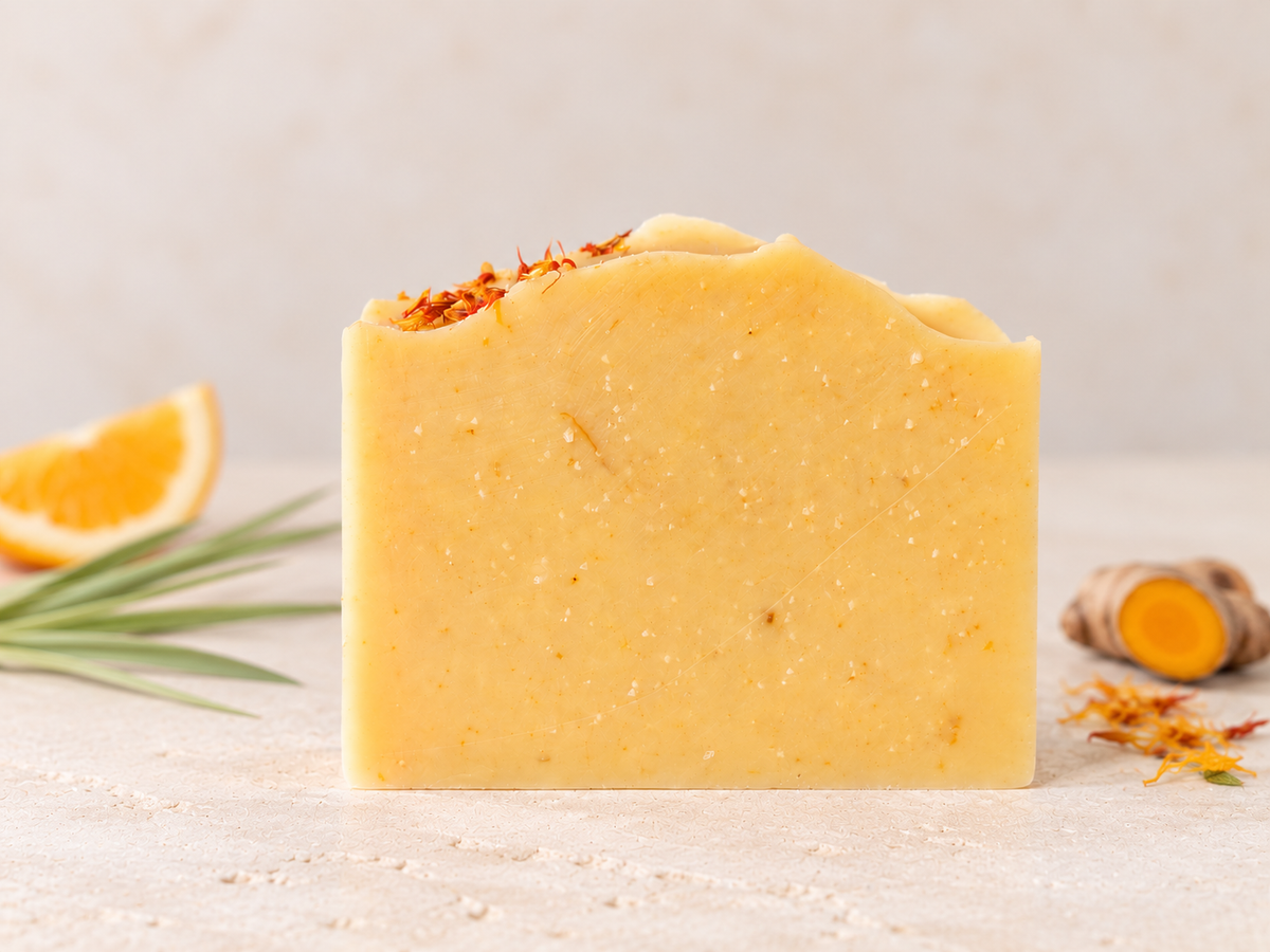 A rectangular bar of orange colored soap with a scalloped top edge, speckled texture, and dried orange-red botanicals on top, styled on a light surface with an orange slice, green leaves, turmeric root, and dried flowers around it.