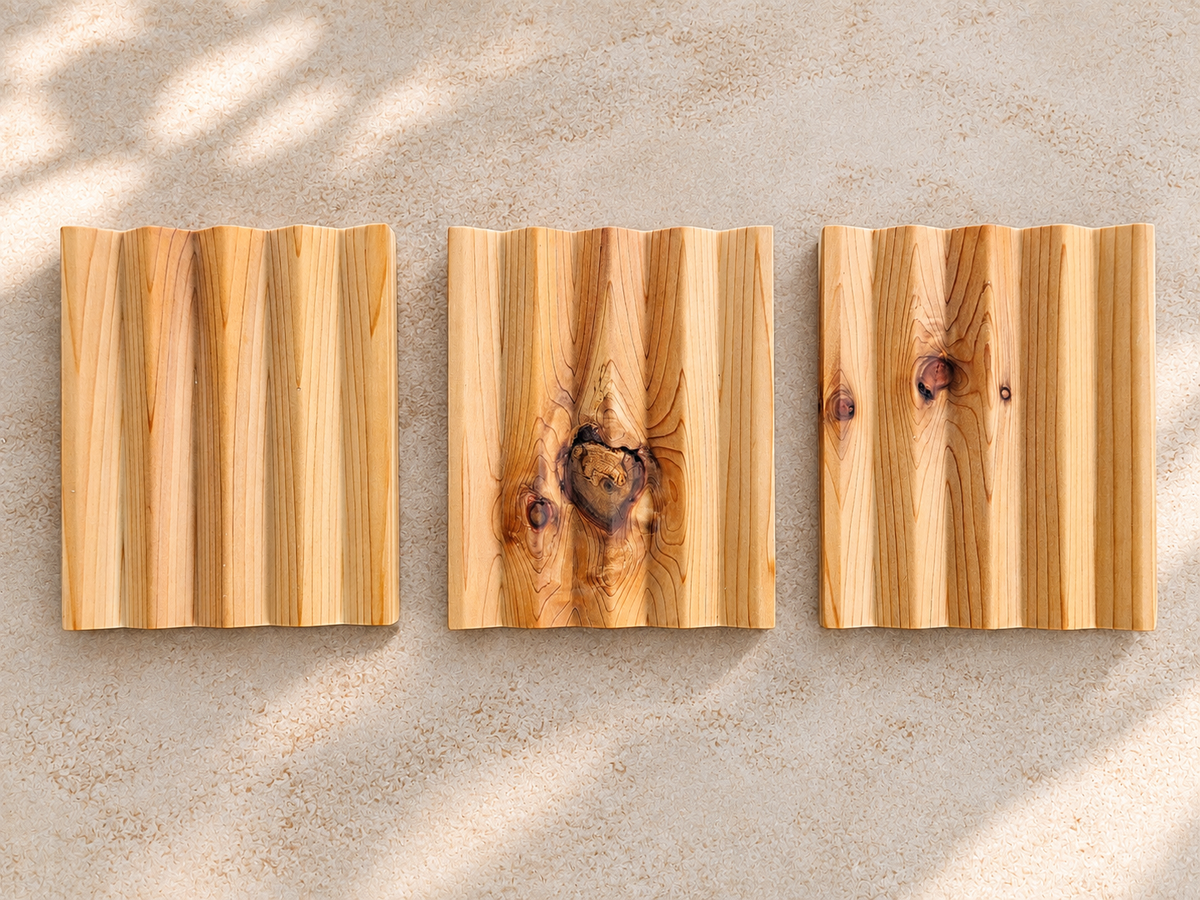 Three cedar soap dishes with vertical grain and natural knots, arranged side by side on a textured beige surface with soft leaf shadows.